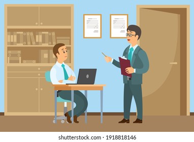 Male Characters Talking Together At Office Workplace. Positive Communication Of Colleagues. People Have A Conversation. Boss Gives Instructions To Subordinate Sitting At A Table. Business Meeting