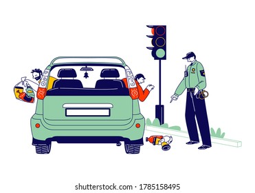 Male Characters Throwing Garbage through Car Windows. Policeman Pointing On Garbage Ask to Clean Up. Environment Pollution, Irresponsible Citizen Making Mess Outdoor. Linear People Vector Illustration
