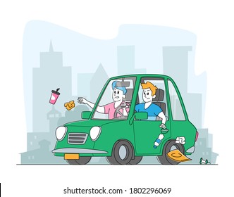 Male Characters Throwing Litter through Car Window on Cityscape Background. People Leaving Garbage on Street, Environment Pollution, Irresponsible Citizen Make Mess Outdoor. Linear Vector Illustration