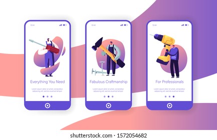 Male Characters with Tools Mobile App Page Onboard Screen Set. Handymen Holding Huge Drill, Screwdriver and Hummer. Repair Call Service Concept for Website or Web Page. Flat Vector Illustration