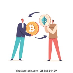 Male Characters Trade Ethereum And Bitcoin With Each Other, Exchanging Digital Currencies Securely And Efficiently