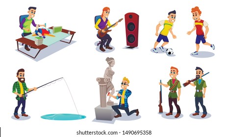 Male Characters Trying Different Hobbies Flat Cartoon Vector Illustration. Man Constructing Craft Plane, Playing Electro Guitar, Playing Football, Fishing, Sculpting, Hunting Animals with Rifle.