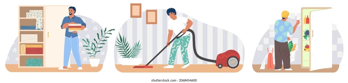 Male characters vacuuming carpet, putting folded clothes in wardrobe and food in fridge, flat vector illustration. Housework, household chores, housekeeping, house cleaning.