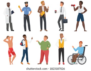 Male characters vector illustration set. Cartoon flat standing or walking man of different professions, age, nationality. Multinational professional men people diverse collection isolated on white