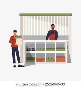 Personajes masculinos en el puesto de verduras y llevando la caja de productos frescos en Ilustración vectorial plana que simboliza el mercado local, la comida fresca y el concepto de granja a la mesa, aislado sobre fondo blanco