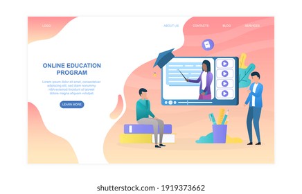 Male characters are watching online education program on big screen. Modern online educational program capabilities. Website, web page, landing page template. Flat cartoon vector illustration