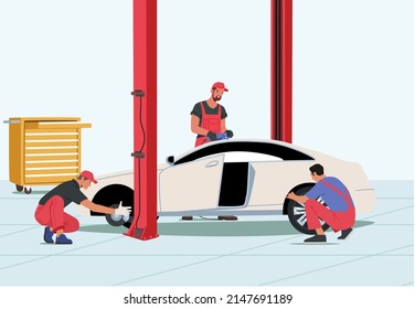 Male Characters Wear Uniform Replace Tyres at Mechanic Workshop. Roadside Vehicle Repair Service Workers Change and Mount Tires at Garage for Car Stand on Elevator. Cartoon People Vector Illustration