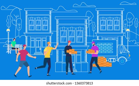 Male Characters Working Hard in Construction. Process of House Building. Builders Make House Project on Blue Background with Outline City Buildins, Cars and Elements. Cartoon Flat Vector Illustration