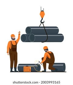Male characters are working in metallurgy industry. Concept of resource mining, smelting of metal in big foundry, hot steel pouring in steel plant. Metallurgy process. Flat cartoon vector illustration