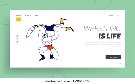 Male Characters Wrestling Fight Landing Page Template. Sportsman Holding Opponent above Head during Competition. Sport, Show Performance Battle on Professional Arena. Linear People Vector Illustration