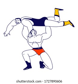 Male Characters Wrestling Fight. Sportsman Holding Opponent above Head during Competition. Sport, Show Performance, Combat on Professional Arena. Greco-Roman Battle. Linear People Vector Illustration