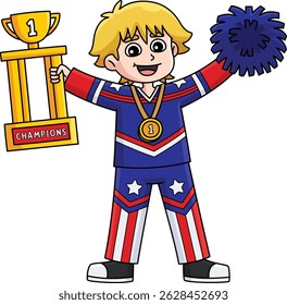 Male Cheerleader Holding a Trophy Cartoon Clipart 