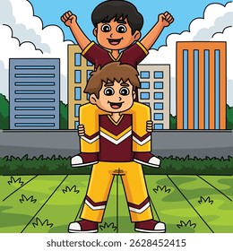 Male Cheerleader Shoulder Sit Colored Cartoon 