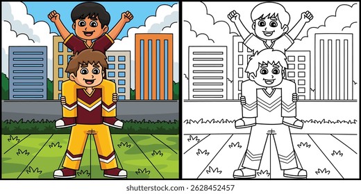 Male Cheerleader Shoulder Sit Colored Illustration