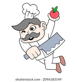 male chef in action carrying a knife to cook cutting ingredients, vector illustration art. doodle icon image kawaii.