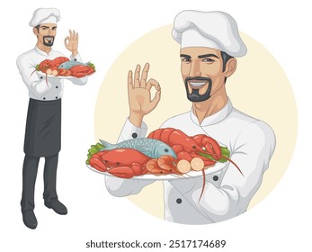 A male chef carries a plate of seafood containing lobster, crab, fish and shrimp.