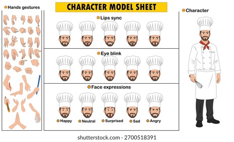 Kit de Construtor de Personagem Chef Masculino. Cozinheiro personalizável e Culinary Expert Model Sheet com chapéu, avental e expressões faciais.