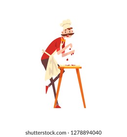 Male chef character making pizza, stage of preparing Italian pizza vector Illustration