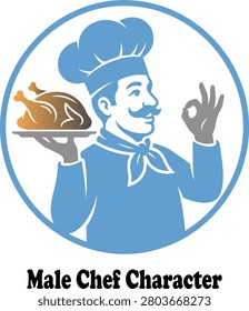 Male chef character vector illustration with cook holding roasted chicken tray and showing ok sign