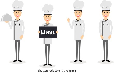 Male chef characters set. Flat design. Young chef