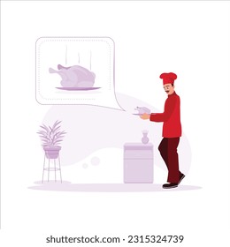 The male chef, complete with his chef's uniform, eagerly serves the meat he has cooked. Trend modern vector flat illustration.