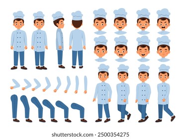 Male chef constructor. Cook in hat in different poses. Pack of heads, legs and hands for creating animations. Catering occupation. Flat vector collection isolated on white background