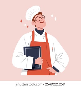 Personagem chef cozinheiro masculino no uniforme de pé e segurando o livro de receitas. Chef feliz em estilo cartoon. Ilustração de vetor em um plano de fundo rosa claro.