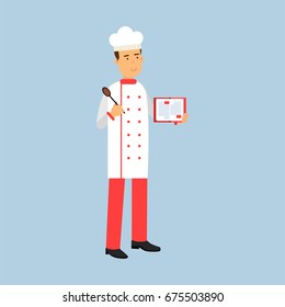 Male chef cook character in uniform standing and holding recipe book and spoon vector Illustration