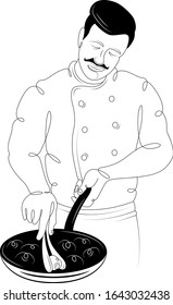 Male chef cook preparing a hot dish in a pan.Character cartoon flat isolated colored drawing sketch continuous line minimalism illustration
