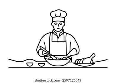 Male chef Cook in uniform working in kitchen Hand drawn line art flat vector illustration.