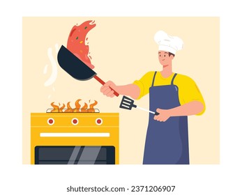 Male chef is cooking in a frying pan with vegetables, professional is working in the kitchen. Character design. Vector flat illustration