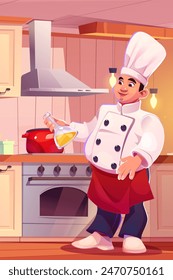 Male chef cooking in home kitchen. Vector cartoon illustration of young man in white uniform holding glass bottle of oil, pan boiling on cooker, professional cook working at restaurant, making meal