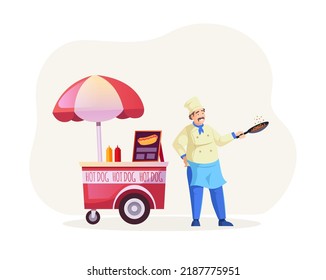 Male Chef Cooking Hot Dogs At Street Food Vending Cart. Mustached Cook In Professional Uniform Selling Fast Food Meal At Street Market Stall. Outdoor Local Fair, Summer Festival Flat Vector