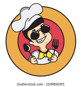 Male chef culinary logo in sunglasses with cheerful expression