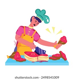 Male chef cutting meat, flat style illustration 