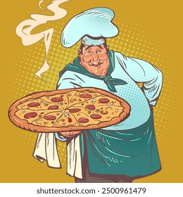 Male chef elegantly serves delicious finished pizza. Appetizing fast food in a restaurant. An excellent chef prepares Italian cuisine. Pop Art Retro Vector Illustration Kitsch Vintage 50s 60s Style