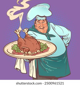 Male chef elegantly serves delicious cooked turkey or chicken. A delicious lunch in a luxurious establishment. Experienced culinary professional. Pop Art Retro Vector Illustration Kitsch Vintage 50s