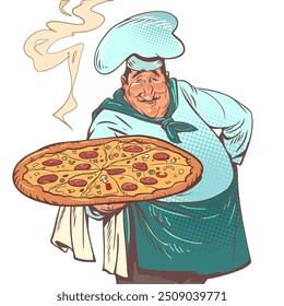 Male chef elegantly serves delicious finished pizza. Appetizing fast food in a restaurant. An excellent chef prepares Italian cuisine. Pop Art Retro Vector Illustration Kitsch Vintage 50s 60s Style