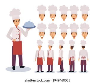 Male Chef Flat Vector Character creation set with various views, Cartoon style, flat vector illustration. Emotion. Front, side, back view animated character. 