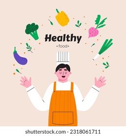 Male chef. Happy guy wearing hat and chef uniform cooks healthy food. Perfect for printing restaurant children menus and apps. Hand Drawn flat Vector illustration.