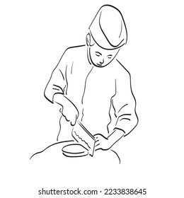male chef with hat using knife on food illustration vector hand drawn isolated on white background line art.