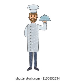 Male chef holding dish scribble