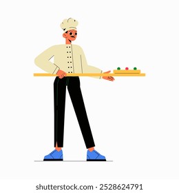 Chef masculino que sostiene la cáscara de la pizza en la Ilustración vectorial plana que simboliza la cocina, la preparación de alimentos y el trabajo profesional del chef, aislado en el fondo blanco.