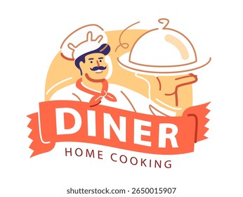 Male chef holding restaurant cloche. Cook with tray with lid. Emblem symbol for restaurant or cafe menu