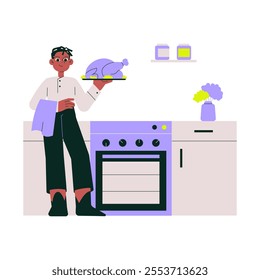 Male Chef Holding A Roasted Turkey In A Modern Kitchen In Flat Vector Illustration Symbolizing Cooking, Festive Meals, And Culinary Expertise, Isolated On White Background