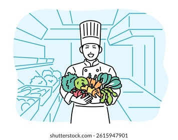 Male chef holding a lot of vegetables in the kitchen