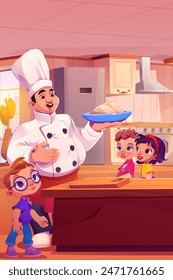 Chef masculino y niños cocinando en la cocina. Ilustración de dibujos animados de Vector de un joven alegre con uniforme blanco sosteniendo un tazón, niños y niñas curiosos sonriendo, tabla de cortar en una mesa de madera, taller de hornear