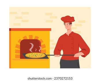 Male chef is making and baking pizza, cooking traditional Italian delicious food. Character design. Vector flat illustration