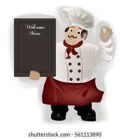 Male chef with menu board, vector, cartoon chef with mustache holding a chalkboard menu of the restaurant. Man shows a sign, a gesture Ok for a delicious meal. Vector illustration on white background