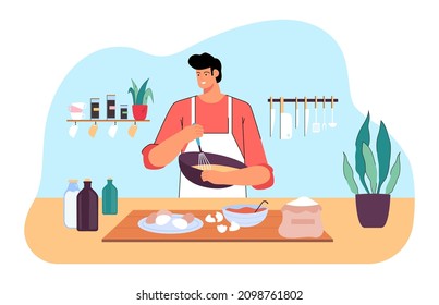 Male chef mixing flour and eggs for dough with whisk in hands. Happy man in apron preparing homemade sweet dessert at table of home kitchen flat vector illustration. Pastry, cooking recipe concept